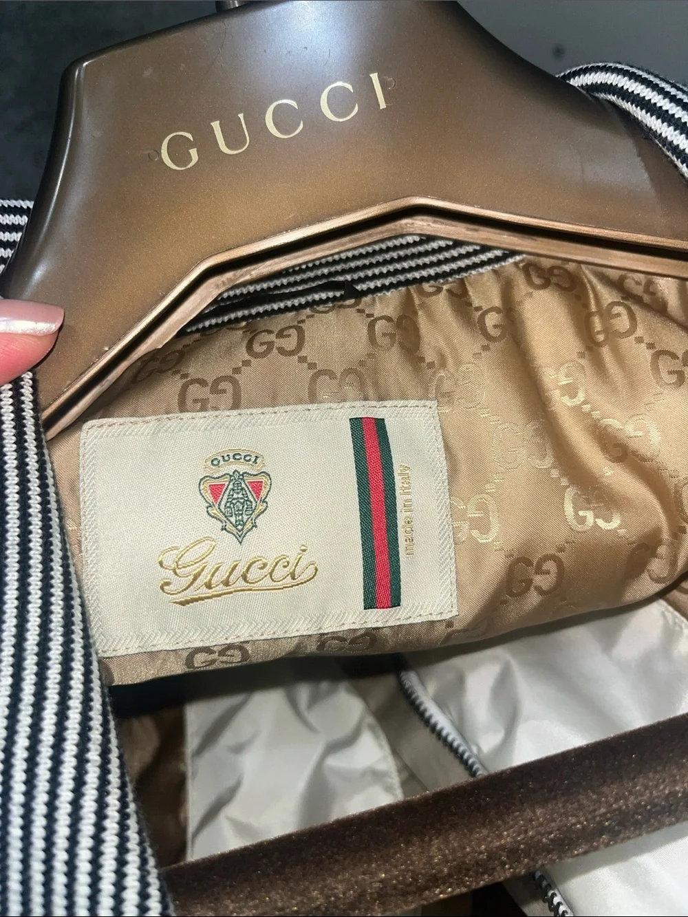 Gucci White Bomber Jacket with Navy-Striped and Red Trim